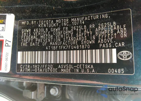 2015 Toyota Camry Se z USA, uszkodzony, nr VIN 4T1BF1FK7FU481870